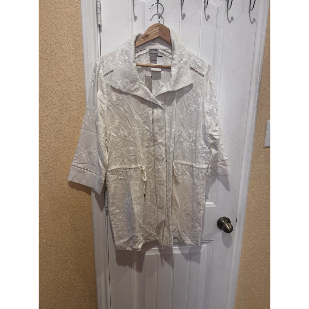 chico's embroidered linen utility jacket 3/4 sleeve alabaster size 2 NWT V-